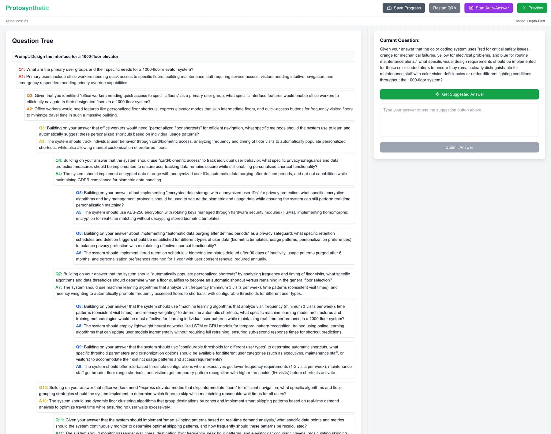 A branching interview that builds context before generating design work.