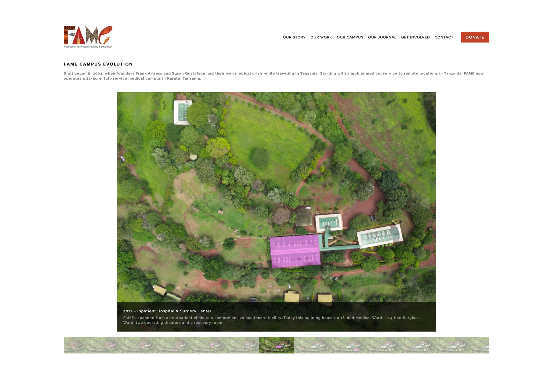 Screenshot of the delivered FAME Our Campus page with a highlighted 2012 inpatient hospital image, caption and thumbnails