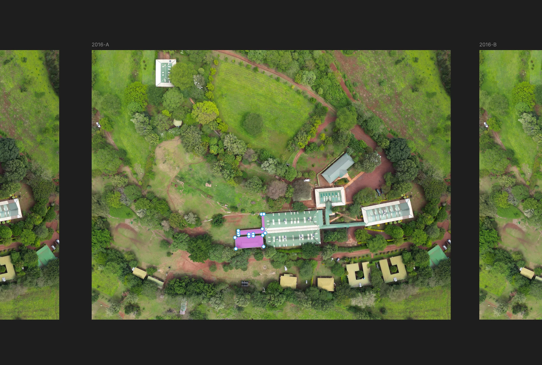 Actual Figma working view with editable polygon points around the radiology building in the 2016 campus image