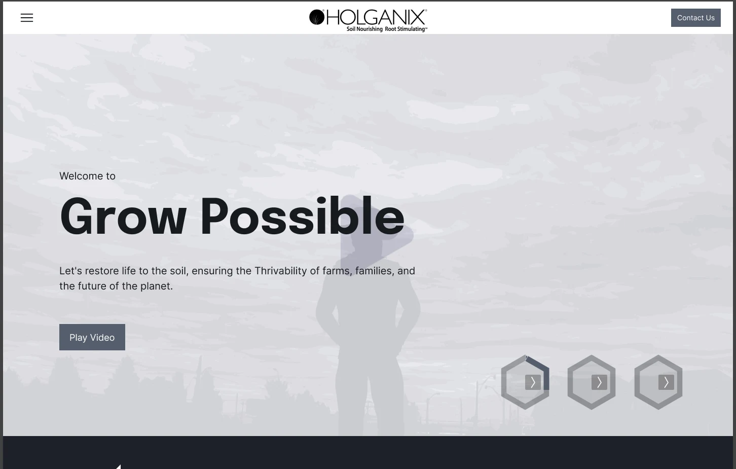 R1 homepage wireframe. A video-led introduction begins a longer explanation of the soil and the product.