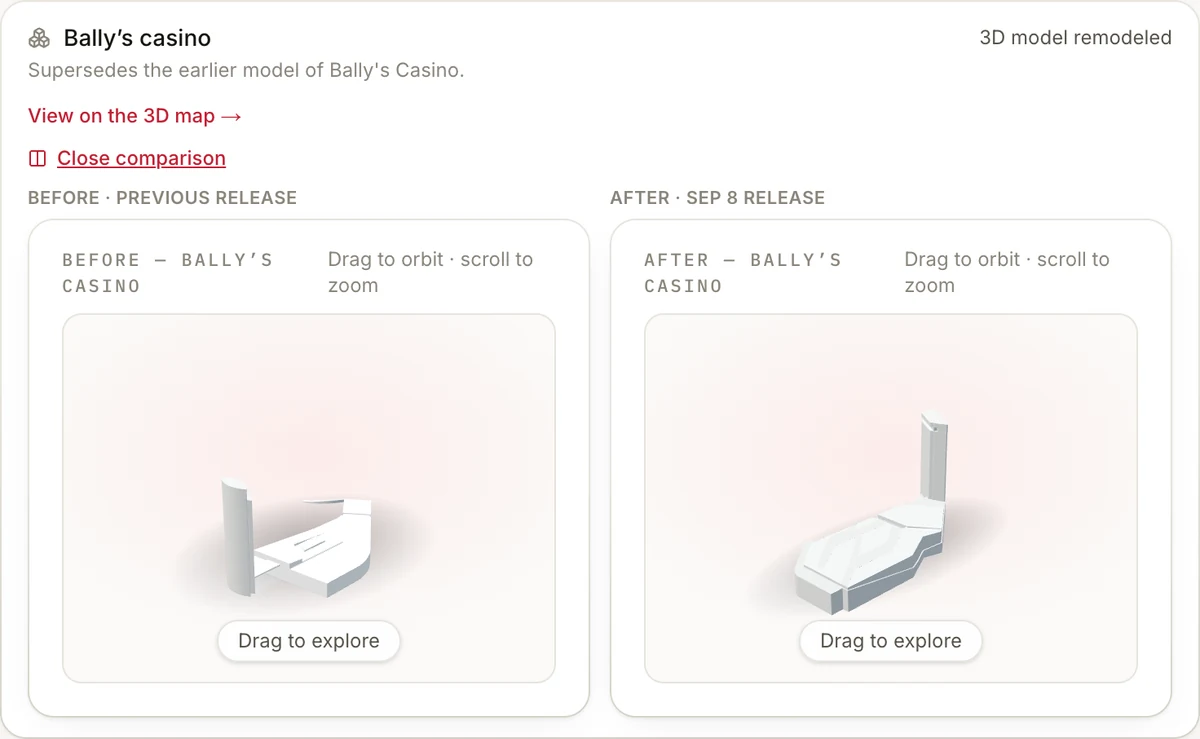 Bally's Casino before and after its September 8 model revision, captured in the public product