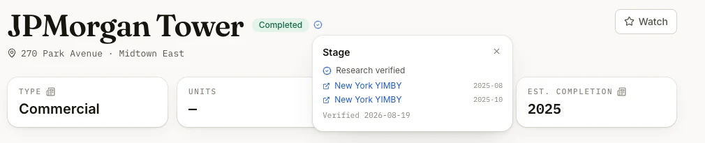 JPMorgan Tower's Stage receipt showing research verification and supporting New York YIMBY article links