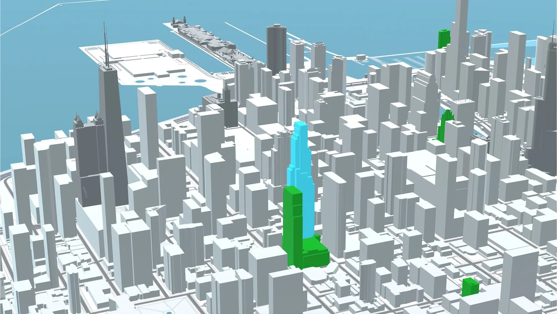 Early Chicago countdown model with the featured building in cyan