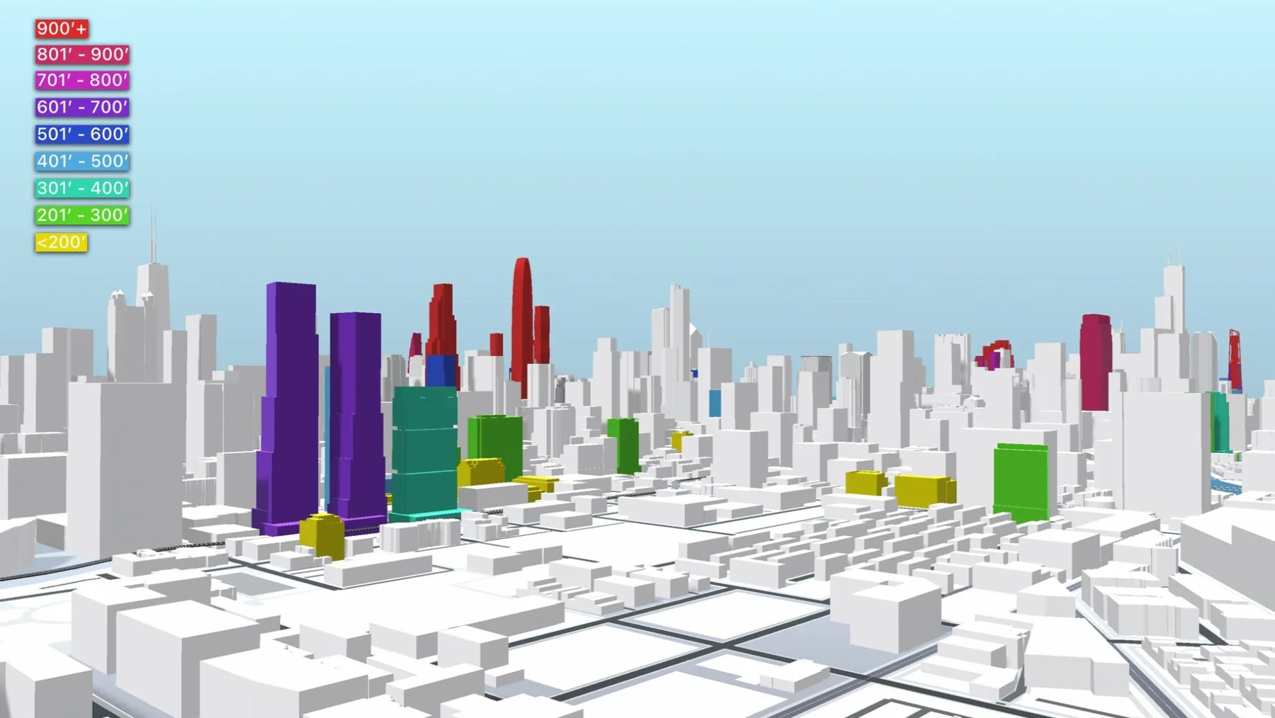 Chicago buildings shown using the original graduated height color scheme