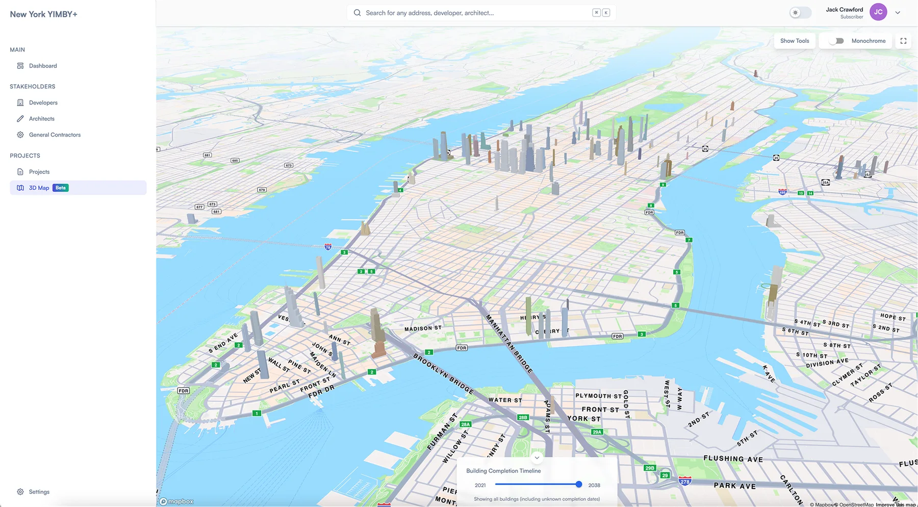 2025 YIMBY+ interface in light mode with colored buildings