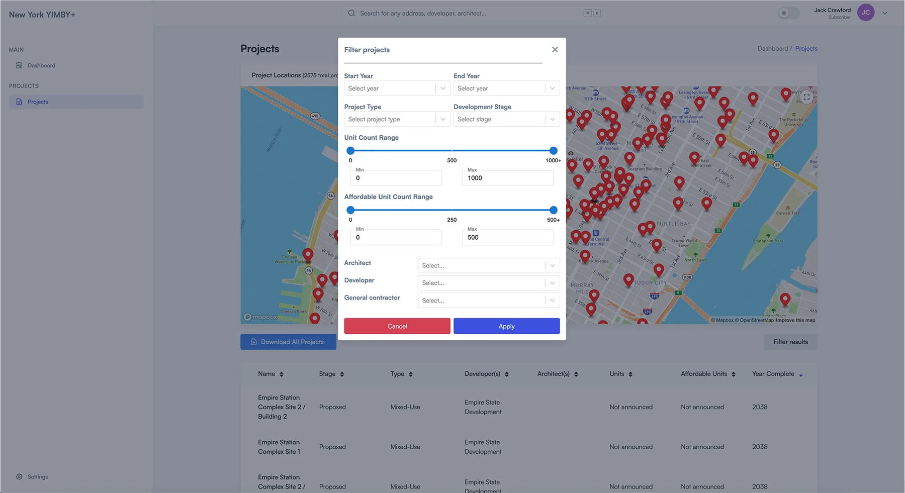 The earlier YIMBY+ project filtering interface